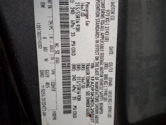 2013 Ford Focus SE with VIN 1FADP3K28DL295937, listed as a Copart auction lot 51258475 with 113,031 mi miles and Salvage Title. Bid and sale history available at carsss.com. Image 12.