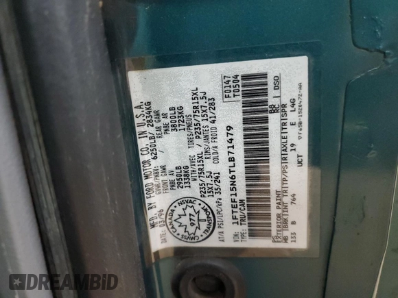 1996 Ford F-150 with VIN 1FTEF15N6TLB71479, listed as a Copart auction lot 47202085 with 161,072 mi miles and Salvage title. Bid and sale history available at DreamBid. Image 12.