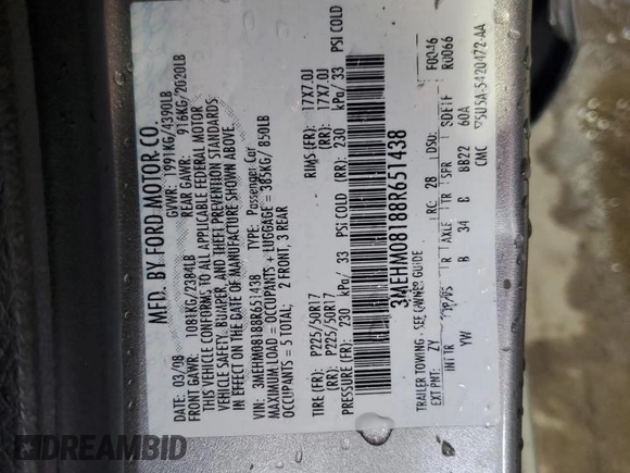 2008 Mercury Milan Premier with VIN 3MEHM08188R651438, listed as a Copart auction lot 61039785 with Not provided miles and Salvage title. Bid and sale history available at DreamBid. Image 13.