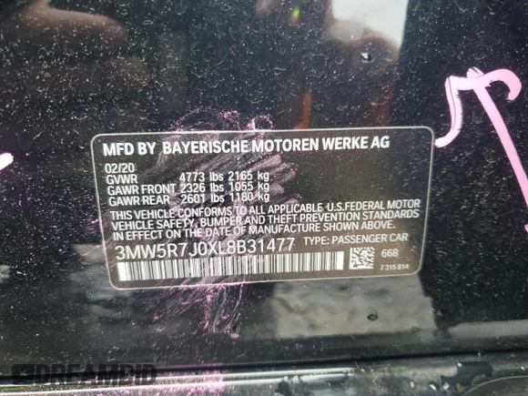 2020 BMW 3 Series 330i xDrive with VIN 3MW5R7J0XL8B31477, listed as a Copart auction lot 56384515 with 40,539 mi miles and Salvage title. Bid and sale history available at DreamBid. Image 12.