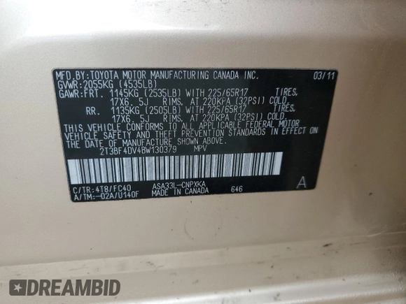 2011 Toyota RAV4 with VIN 2T3BF4DV4BW130379, listed as a Copart auction lot 51657425 with 117,446 mi miles and Salvage Title. Bid and sale history available at DreamBid. Image 15.