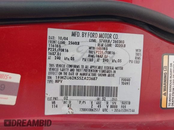 2005 Ford Explorer XLS с VIN 1FMZU62K55ZA23687, выставлен на аукционе IAAI как лот 42628852 с пробегом 176 352 миль миль и . История ставок и продаж доступна на DreamBid. Изображение 9.