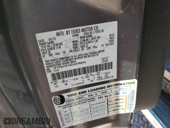 2012 Ford F-150 XL with VIN 1FTFW1ET4CKD78574, listed as a Copart auction lot 62600615 with 126,985 mi miles and Salvage title. Bid and sale history available at DreamBid. Image 12.