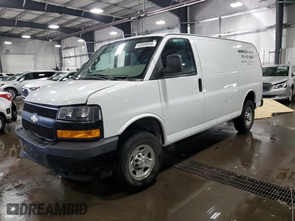 2018 Chevrolet Express Cargo Van with VIN 1GCWGAFP5J1242813, listed as a Copart auction lot 42059045 with 98,879 mi miles and Salvage Title. Bid and sale history available at carsss.com. Image 1.