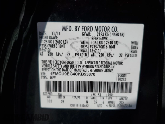 2012 Ford Escape Limited with VIN 1FMCU9EG4CKB53870, listed as a Copart auction lot 59166885 with 168,877 mi miles and Salvage title. Bid and sale history available at DreamBid. Image 13.