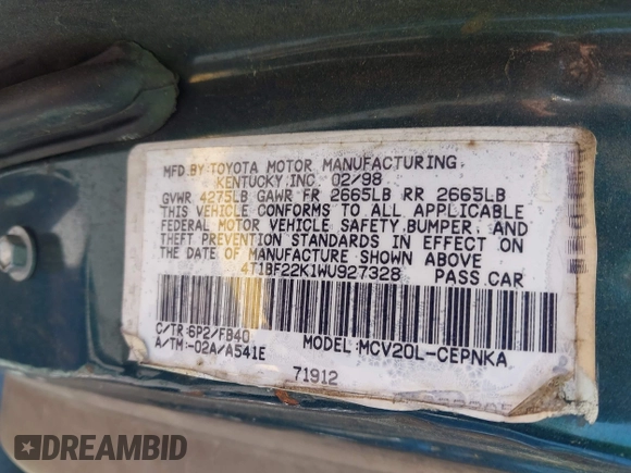 1998 Toyota Camry LE z VIN 4T1BF22K1WU927328, wystawiony jako IAAI lot #42534974 z przebiegiem 74 368 mil mil oraz . Historia ofert i sprzedaży dostępna na DreamBid. Obrazek 9.