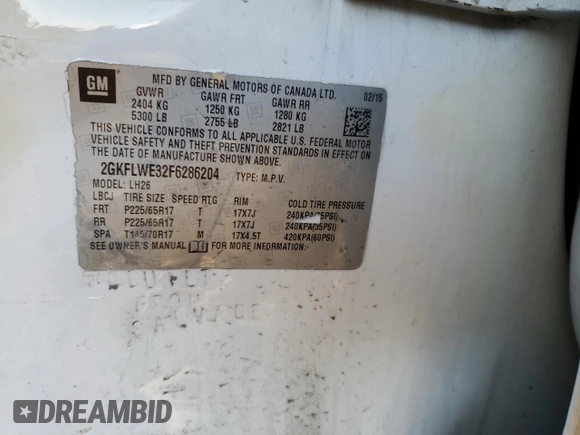2015 GMC Terrain SLE with VIN 2GKFLWE32F6286204, listed as a Copart auction lot 48390255 with 130,381 mi miles and Salvage Title. Bid and sale history available at DreamBid. Image 13.