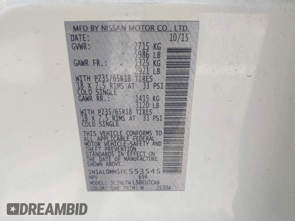 2015 Infiniti QX60 with VIN 5N1AL0MM5FC553545, listed as a IAAI auction lot 42478825 with 95,694 mi miles and . Bid and sale history available at DreamBid. Image 9.