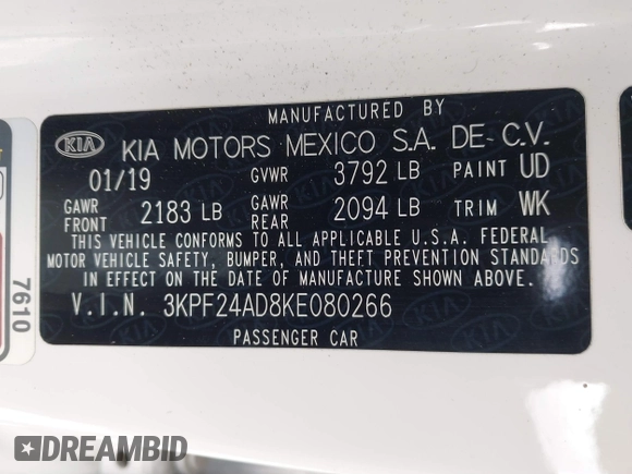 2019 Kia Forte LXS with VIN 3KPF24AD8KE080266, listed as a IAAI auction lot 41786741 with 115,799 mi miles and . Bid and sale history available at carsss.com. Image 9.