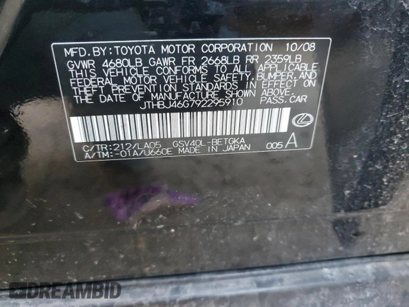 2009 Lexus ES 330 with VIN JTHBJ46G792295910, listed as a Copart auction lot 43849635 with 161,496 mi miles and Salvage Title. Bid and sale history available at DreamBid. Image 13.