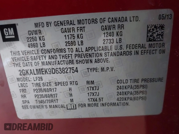 2013 GMC Terrain SLE with VIN 2GKALMEK9D6382754, listed as a IAAI auction lot 41472531 with 144,949 mi miles. Bid and sale history available at carsss.com. Image 9.