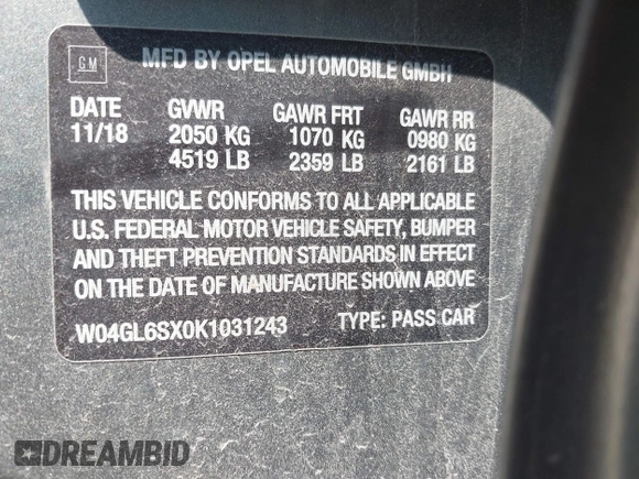 2019 Buick Regal Preferred with VIN W04GL6SX0K1031243, listed as a IAAI auction lot 42138640 with 69,540 mi miles and . Bid and sale history available at DreamBid. Image 9.