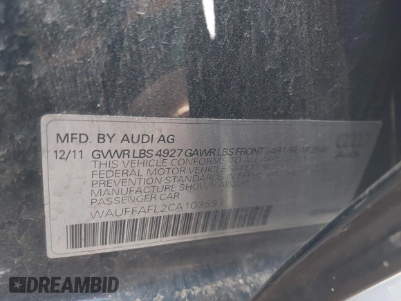 2012 Audi A4 Premium Plus с VIN WAUFFAFL2CA103593, выставлен на аукционе IAAI как лот 42079394 с пробегом 130 023 миль миль и . История ставок и продаж доступна на DreamBid. Изображение 9.
