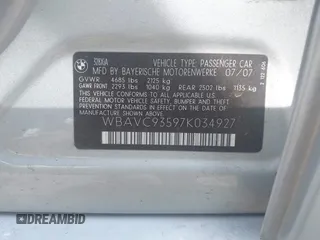 2007 BMW 3 Series 328xi with VIN WBAVC93597K034927, listed as a IAAI auction lot 42009274 with 184,427 mi miles and . Bid and sale history available at DreamBid. Image 9.
