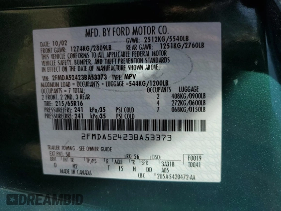 2003 Ford Windstar SE with VIN 2FMDA52423BA53373, listed as a Copart auction lot 47854525 with 96,938 mi miles and Salvage Title. Bid and sale history available at carsss.com. Image 15.