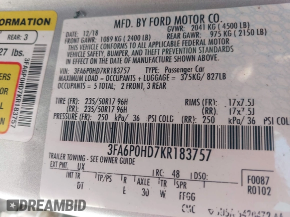 2019 Ford Fusion SE with VIN 3FA6P0HD7KR183757, listed as a IAAI auction lot 41762187 with 120,347 mi miles. Bid and sale history available at carsss.com. Image 9.