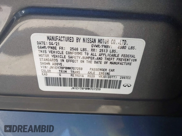 2021 Infiniti Q50 Luxe with VIN JN1EV7BP8MM707259, listed as a IAAI auction lot 41901696 with 78,060 mi miles and . Bid and sale history available at DreamBid. Image 9.