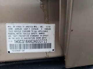 2002 Honda Accord LX z VIN 1HGCG16442A033722, wystawiony jako Copart lot #73108354 z przebiegiem 96 863 mil mil oraz Szkoda całkowita • Salvage title. Historia ofert i sprzedaży dostępna na DreamBid. Obrazek 14.