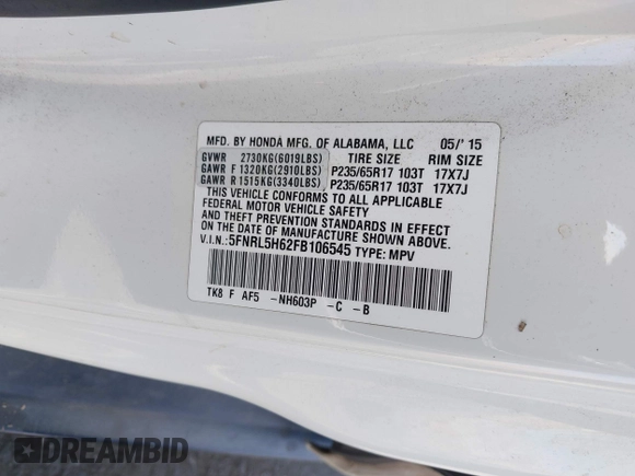 2015 Honda Odyssey EX-L with VIN 5FNRL5H62FB106545, listed as a IAAI auction lot 42115849 with 122,718 mi miles and . Bid and sale history available at DreamBid. Image 9.