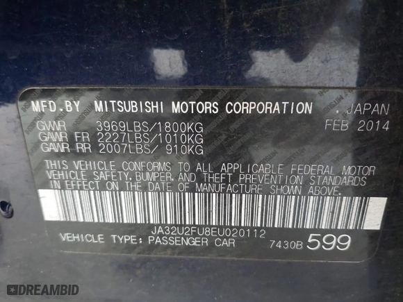 2014 Mitsubishi Lancer ES with VIN JA32U2FU8EU020112, listed as a IAAI auction lot 41990121 with 123,892 mi miles. Bid and sale history available at carsss.com. Image 9.
