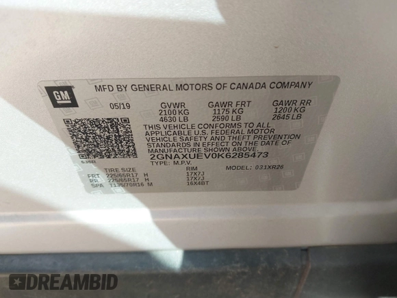 2019 Chevrolet Equinox LT with VIN 2GNAXUEV0K6285473, listed as a IAAI auction lot 41772103 with 59,268 mi miles and . Bid and sale history available at carsss.com. Image 9.