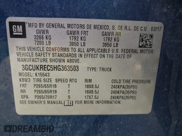 2017 Chevrolet Silverado 1500 LT with VIN 3GCUKREC5HG363503, listed as a IAAI auction lot 41833304 with 133,130 mi miles and . Bid and sale history available at DreamBid. Image 9.