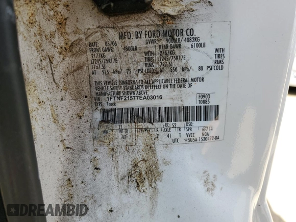 2007 Ford F-250 XL with VIN 1FTNF21577EA03016, listed as a Copart auction lot 65727204 with 132,073 mi miles and Salvage Title. Bid and sale history available at DreamBid. Image 12.