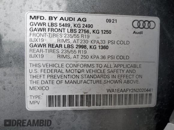 2022 Audi Q5 S line Premium Plus with VIN WA1EAAFY2N2020441, listed as a Copart auction lot 55841995 with 40,316 mi miles and Salvage title. Bid and sale history available at DreamBid. Image 13.