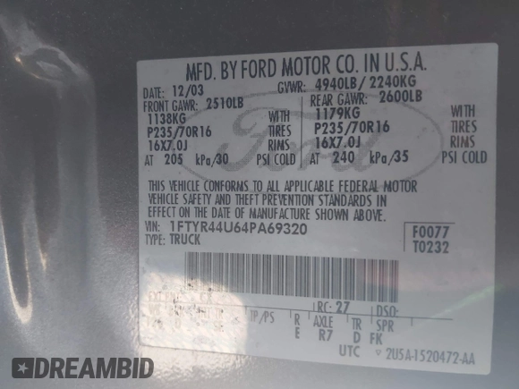 2004 Ford Ranger XL Fleet with VIN 1FTYR44U64PA69320, listed as a IAAI auction lot 42241449 with 202,895 mi miles and . Bid and sale history available at DreamBid. Image 9.