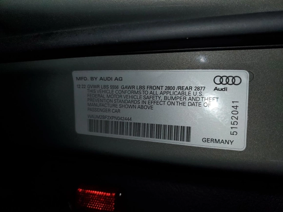 2023 Audi A6 Prestige with VIN WAUM2BF2XPN042444, listed as a Copart auction lot 40705114 with 8,614 mi miles. Bid and sale history available at carsss.com. Image 12.