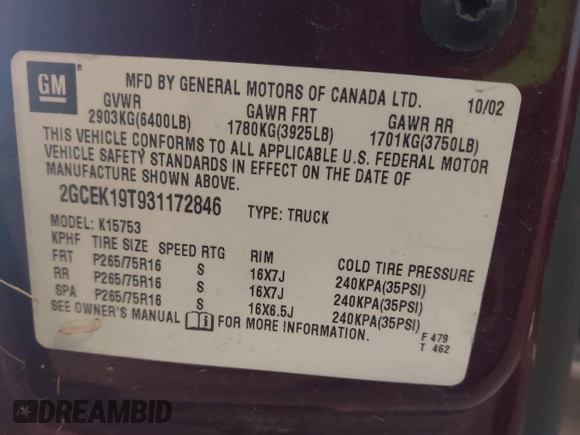 2003 Chevrolet Silverado 1500 LS with VIN 2GCEK19T931172846, listed as a IAAI auction lot 42461332 with 246,920 mi miles and . Bid and sale history available at DreamBid. Image 9.