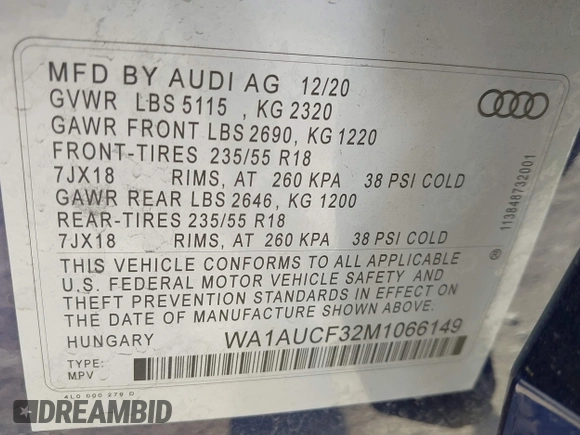 2021 Audi Q3 Premium with VIN WA1AUCF32M1066149, listed as a IAAI auction lot 40695269 with 92,598 mi miles and . Bid and sale history available at DreamBid. Image 9.