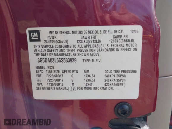 2006 Buick Rendezvous with VIN 3G5DA03L66S583929, listed as a IAAI auction lot 42142317 with 226,956 mi miles and . Bid and sale history available at DreamBid. Image 9.