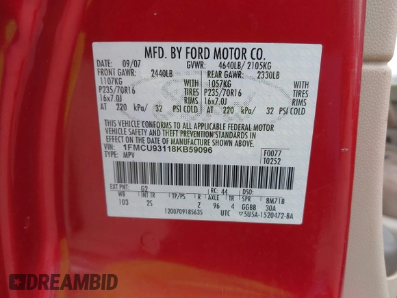 2008 Ford Escape XLT with VIN 1FMCU93118KB59096, listed as a IAAI auction lot 41752159 with 199,185 mi miles. Bid and sale history available at carsss.com. Image 9.