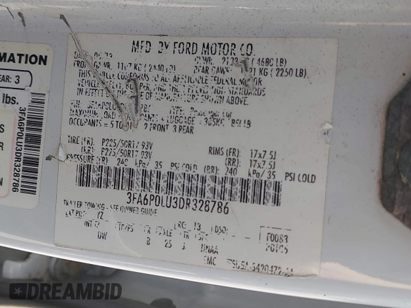 2013 Ford Fusion SE Hybrid with VIN 3FA6P0LU3DR328786, listed as a IAAI auction lot 42604212 with 132,423 mi miles and . Bid and sale history available at DreamBid. Image 9.