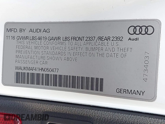 2017 Audi A4 Season of Audi ultra Premium with VIN WAUKMAF41HN050477, listed as a IAAI auction lot 41329827 with 88,265 mi miles. Bid and sale history available at carsss.com. Image 9.