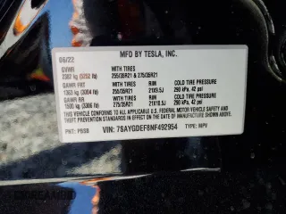 2022 Tesla Model Y Performance with VIN 7SAYGDEF8NF492954, listed as a Copart auction lot 61419965 with 24,885 mi miles and Salvage title. Bid and sale history available at DreamBid. Image 12.