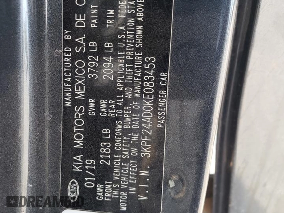 2019 Kia Forte LXS with VIN 3KPF24AD0KE083453, listed as a Copart auction lot 50039982 with 46,584 mi miles and Salvage Title. Bid and sale history available at DreamBid. Image 10.