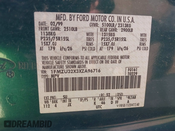 1999 Ford Explorer with VIN 1FMZU32X3XZA96716, listed as a IAAI auction lot 41650246 with 137,473 mi miles and . Bid and sale history available at DreamBid. Image 9.
