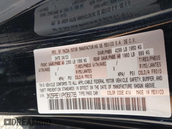 2023 Mazda 3 Premium Plus with VIN 3MZBPBEYXPM368785, listed as a IAAI auction lot 39342059 with 3,609 mi miles and . Bid and sale history available at DreamBid. Image 9.