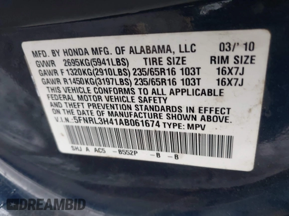 2010 Honda Odyssey EX with VIN 5FNRL3H41AB061674, listed as a IAAI auction lot 41954700 with 115,722 mi miles. Bid and sale history available at carsss.com. Image 9.