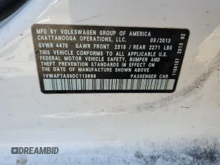 2013 Volkswagen Passat S с VIN 1VWAP7A39DC113688, выставлен на аукционе Copart как лот 55616515 с пробегом 248 651 миль миль и Списание • Salvage title. История ставок и продаж доступна на DreamBid. Изображение 12.