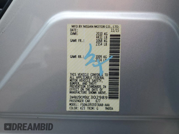 2016 Nissan LEAF SL with VIN 1N4BZ0CP0GC302989, listed as a Copart auction lot 48549535 with 50,757 mi miles and Clean Title. Bid and sale history available at carsss.com. Image 12.