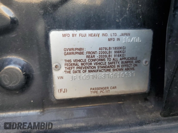 2007 Subaru Impreza WRX с VIN JF1GD746876510937, выставлен на аукционе Copart как лот 74541954 с пробегом 83 941 миль миль и На запчасти • Non repairable. История ставок и продаж доступна на DreamBid. Изображение 15.