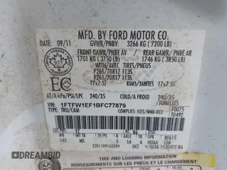 2011 Ford F-150 XL with VIN 1FTFW1EF1BFC77879, listed as a IAAI auction lot 42008883 with 258,812 mi miles. Bid and sale history available at carsss.com. Image 9.