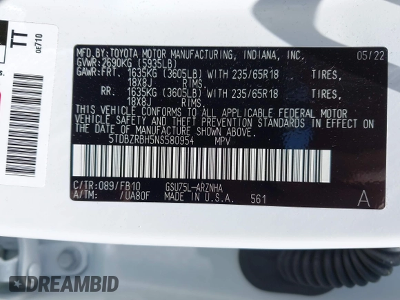 2022 Toyota Highlander LE with VIN 5TDBZRBH5NS580954, listed as a IAAI auction lot 42103401 with 40,391 mi miles and . Bid and sale history available at DreamBid. Image 9.