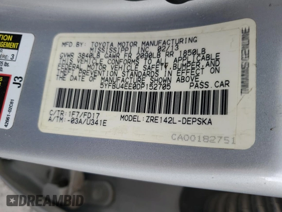 2013 Toyota Corolla L with VIN 5YFBU4EE0DP152705, listed as a Copart auction lot 51312355 with 142,041 mi miles and Salvage Title. Bid and sale history available at carsss.com. Image 12.