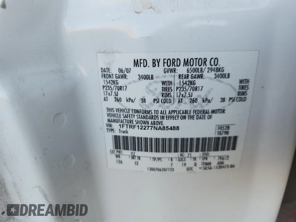 2007 Ford F-150 XL with VIN 1FTRF12277NA85488, listed as a Copart auction lot 60299875 with 219,127 mi miles and Salvage title. Bid and sale history available at DreamBid. Image 12.