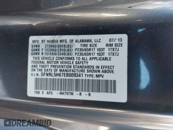 2014 Honda Odyssey EX-L z VIN 5FNRL5H67EB009341, wystawiony jako IAAI lot #41197966 z przebiegiem 172 631 mil mil oraz . Historia ofert i sprzedaży dostępna na DreamBid. Obrazek 9.