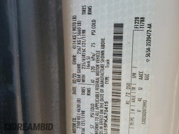 2023 Ford Transit Cargo with VIN 1FTBR3U85PKA70415, listed as a Copart auction lot 47869205 with 68,379 mi miles and Salvage Title. Bid and sale history available at DreamBid. Image 14.
